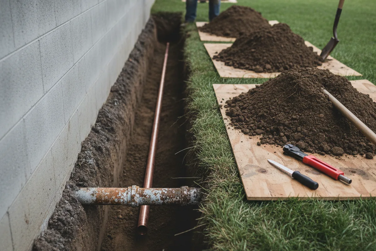 Excavated water line trench during Sewer Line Repair in Crownsville